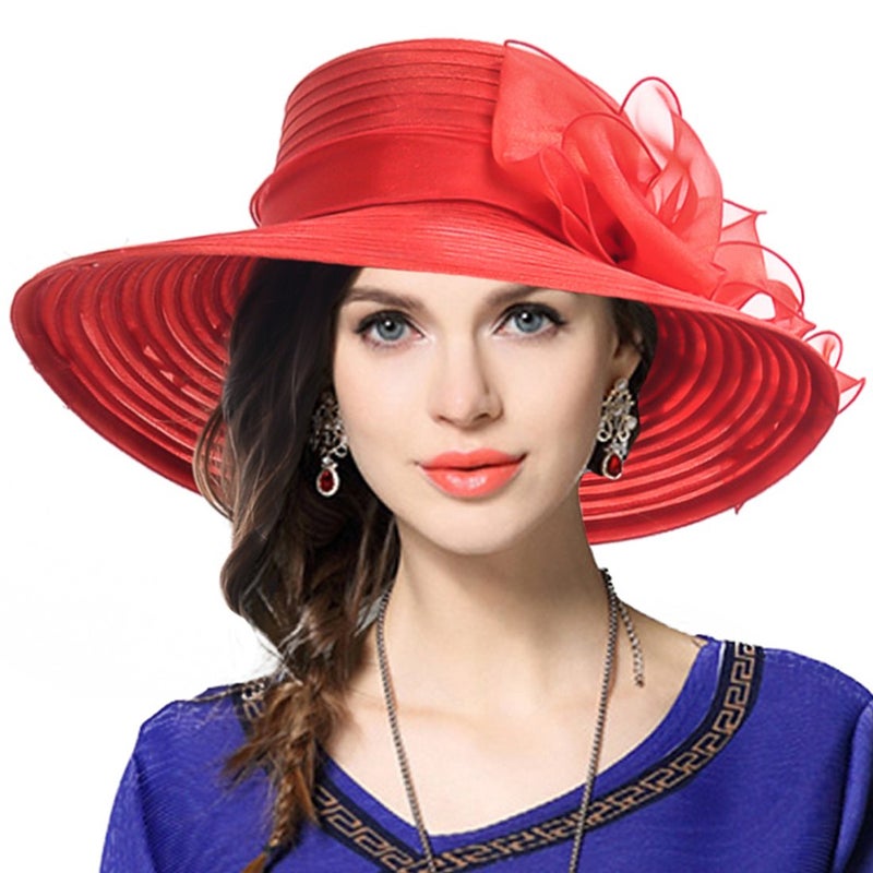 VECRY Women's Dressy Church Baptism Wedding Derby Hat(Red1) - Image 1